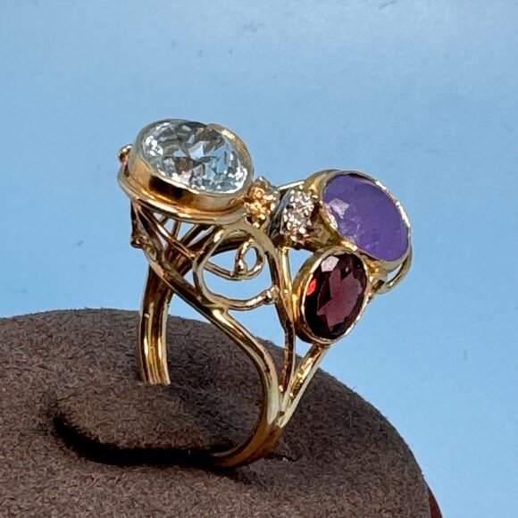 14k Yellow Gold Multi-Gemstone Handmade Statement Ring 2mm Width Size 5 - Picture 4 of 9